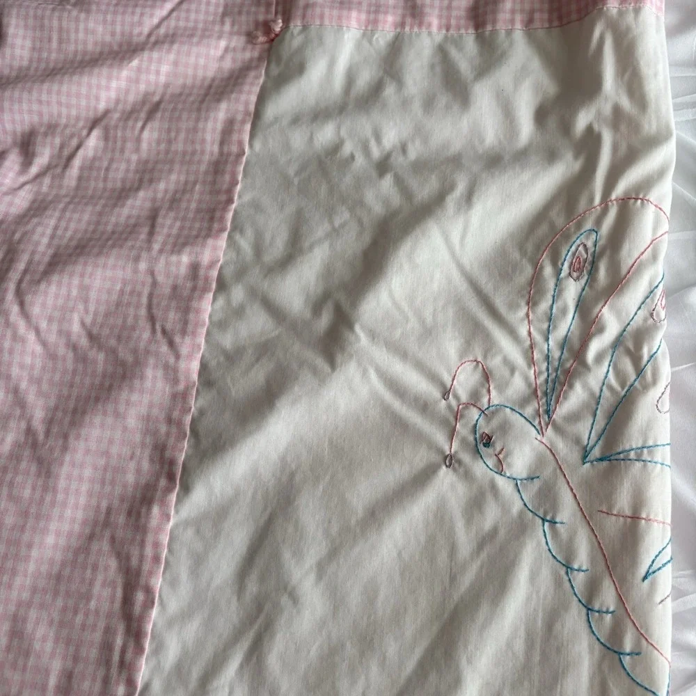 Vtg Hand-Embroidered Blanket Butterfly Quilt Pink Blue White Gingham‎ Tied Solid
